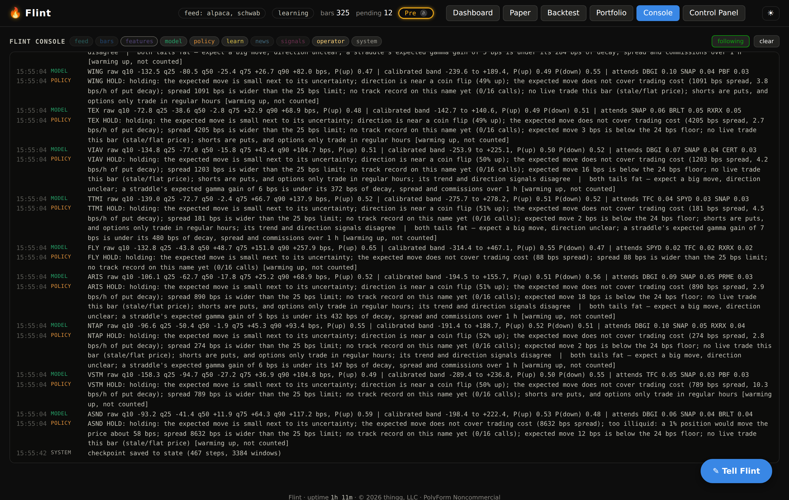 The Console tab: a terminal-style stream of the model, policy, learning and system channels
