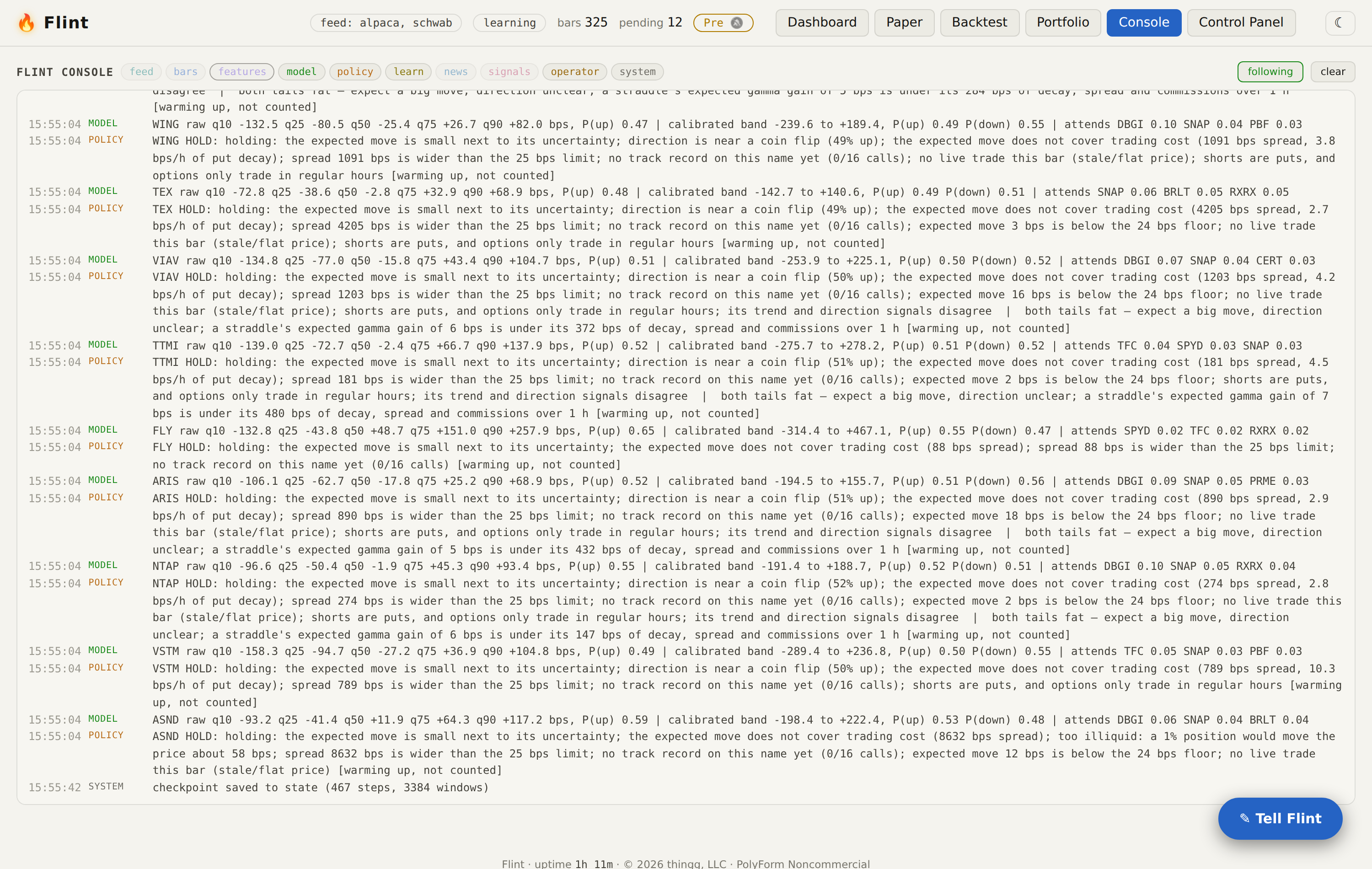 The Console tab: a terminal-style stream of the model, policy, learning and system channels