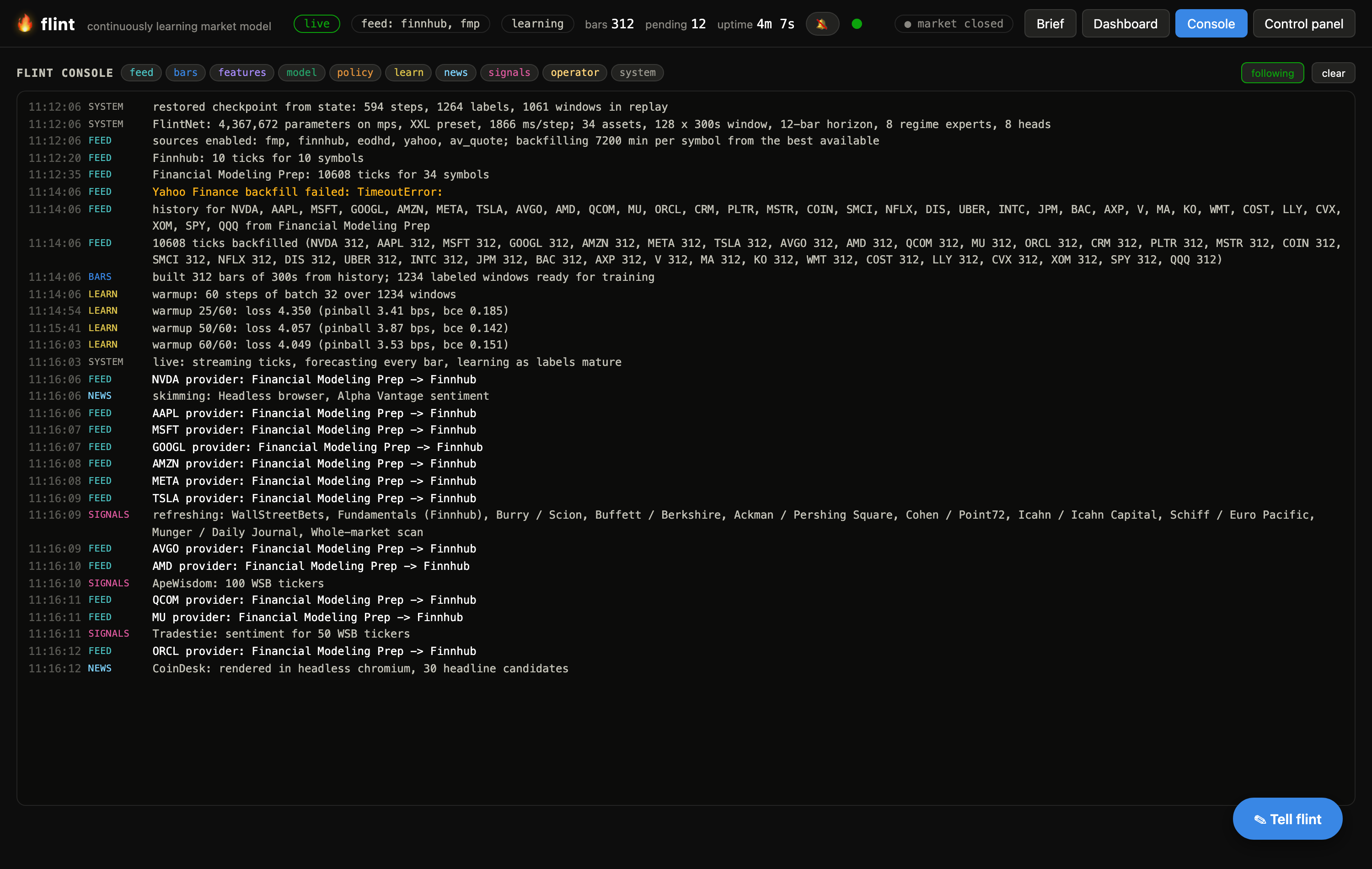 The Console tab: a terminal-style stream of everything the model is doing
