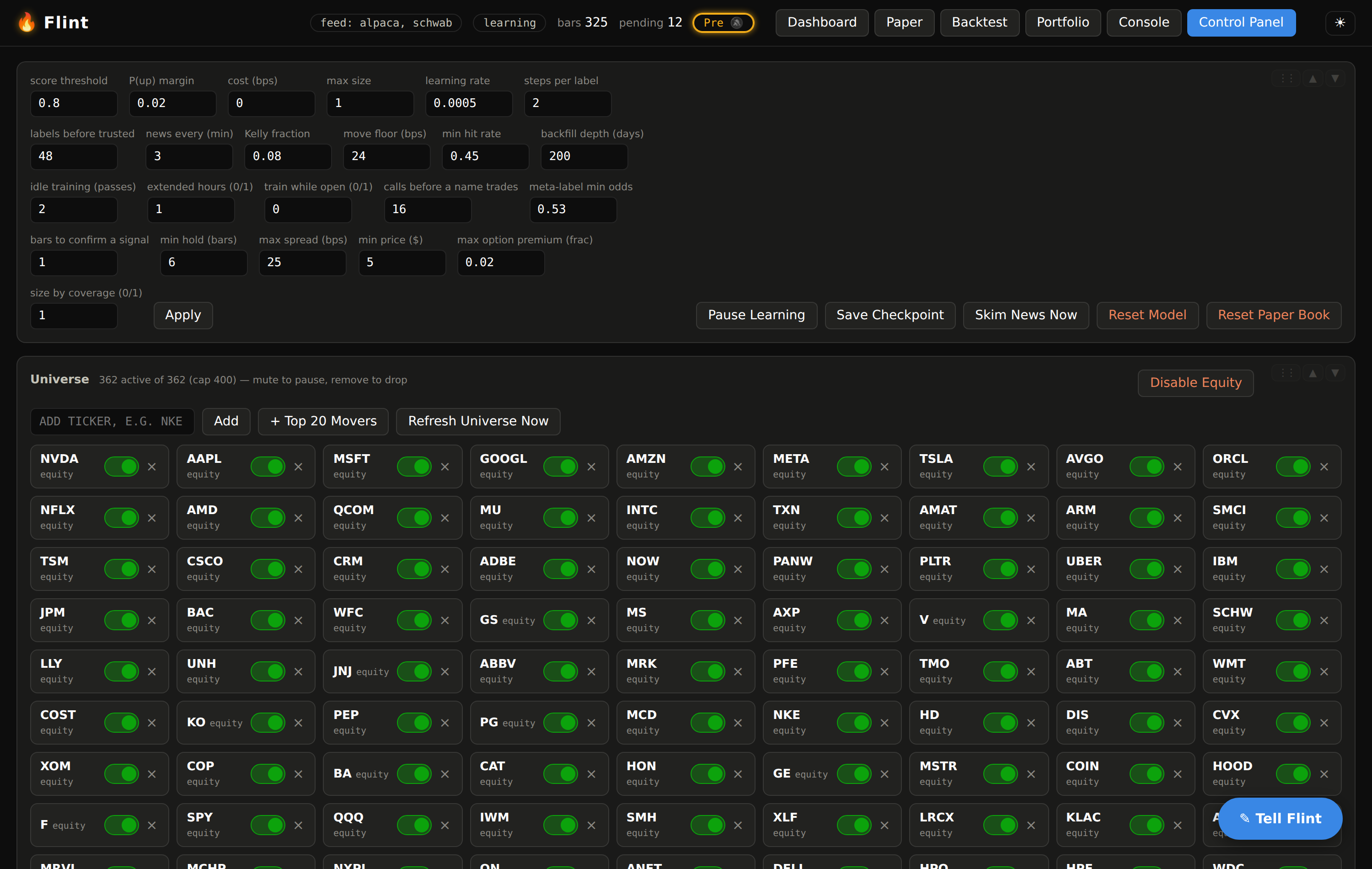 The Control Panel: every gate and budget as a live control, and the universe as a toggle per name