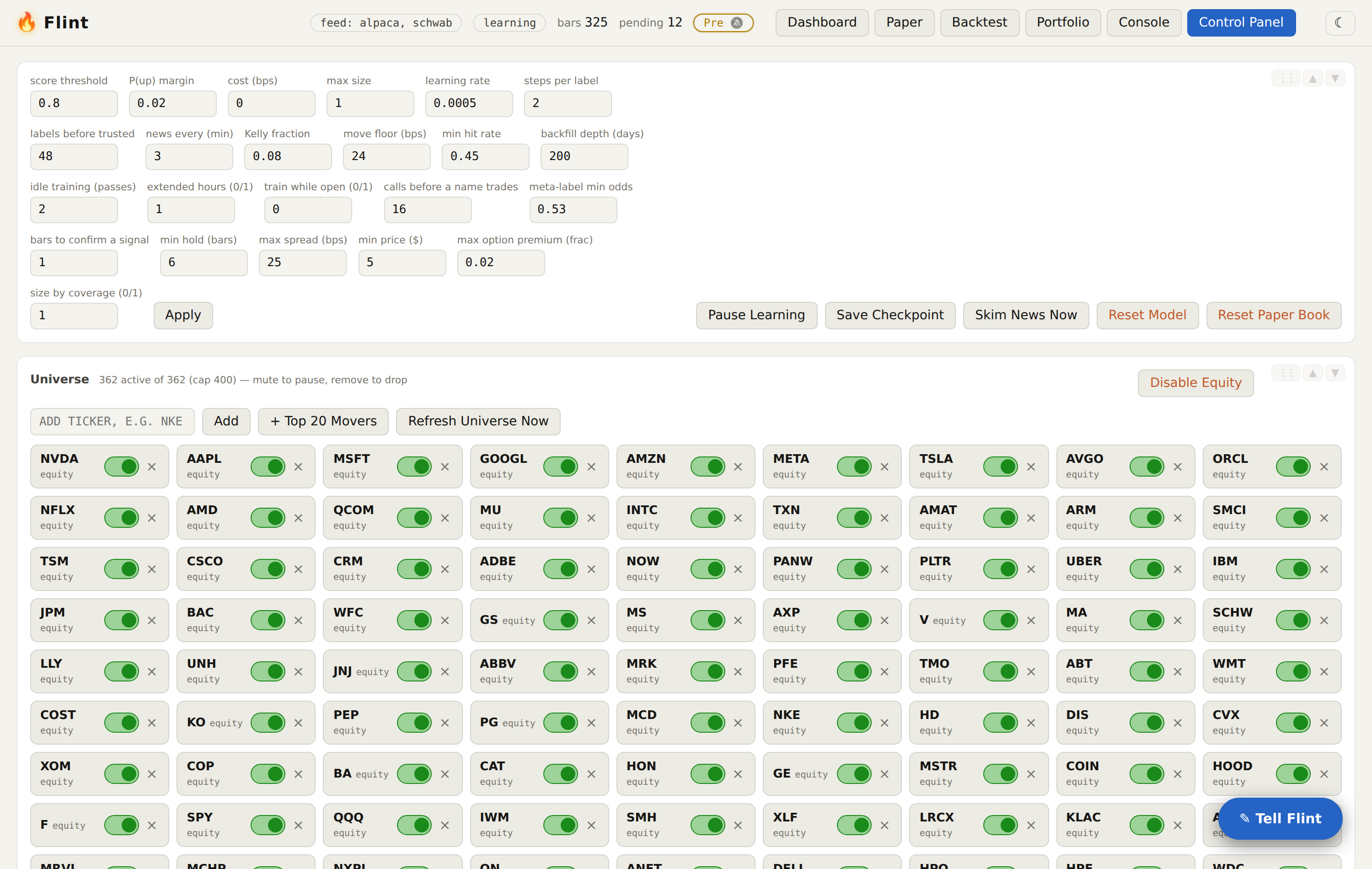 The Control Panel: every gate and budget as a live control, and the universe as a toggle per name