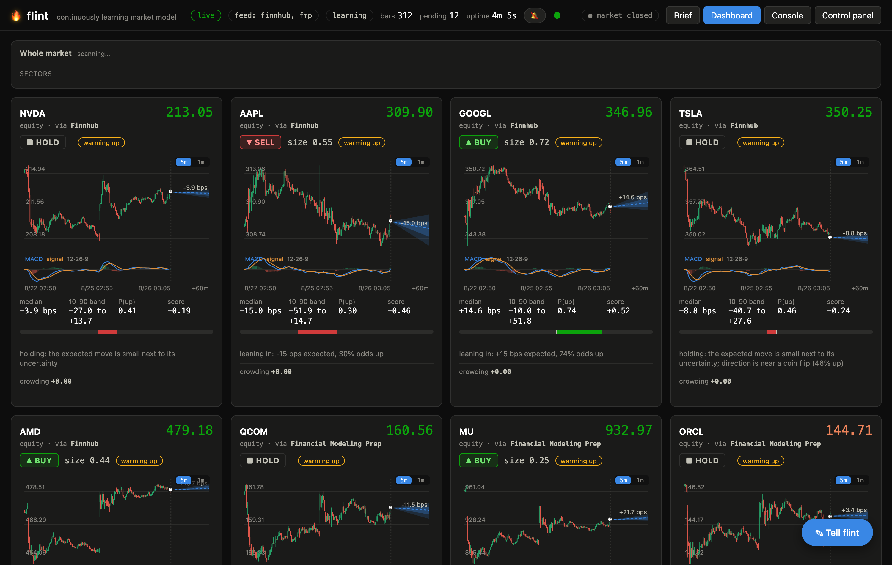 The flint dashboard: candlestick cards with forecasts, a whole-market panel, and live ticks